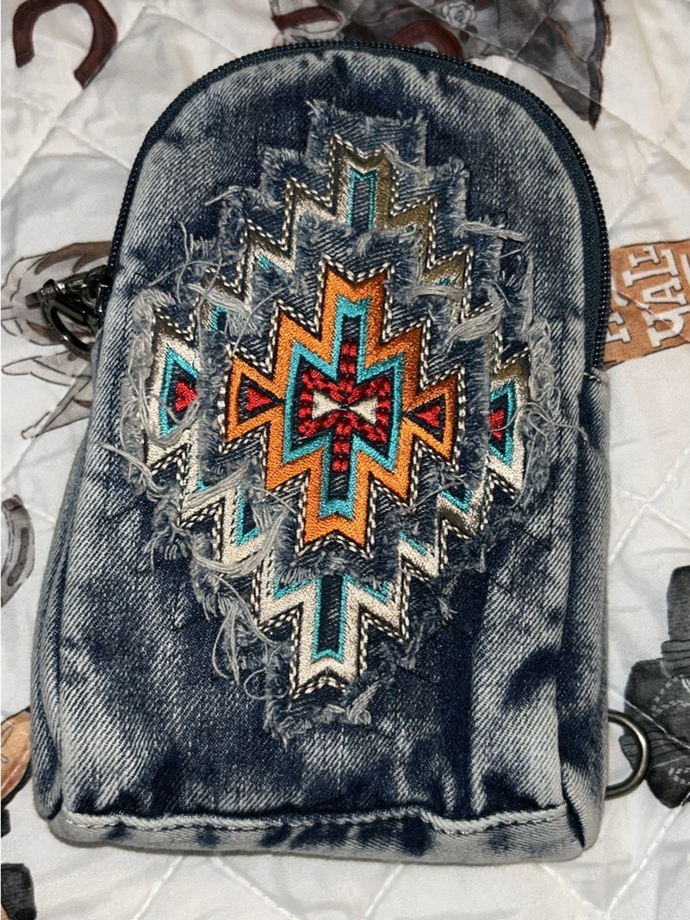 Montana West Denim Crossbody with Turquoise and Orange Southwestern Embroidery